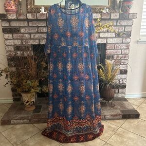 Blue and Orange Women’s Bohemian Style Maxi Cover Up Dress